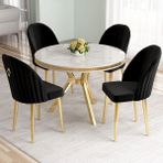Canisa Mos Serisi 90X90 Lak Panel Beyaz Mermer Desen Gold Kaplama Ayaklı Mutfak Masası Takımı ve 4 Sandalye - Siyah
