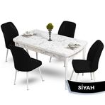 Canisa Mun Serisi 80x132 Açılabilir Mdf Beyaz Mermer Desen Masa Takımı ve 4 Adet Siyah Sandalye