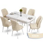 Canisa Mun Serisi 80x132 Açılabilir Mdf Beyaz Mermer Desen Masa Takımı ve 6 Adet Krem Sandalye