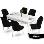Canisa Mun Serisi 80x132 Açılabilir Mdf Beyaz Mermer Desen Masa Takımı ve 6 Adet Siyah Sandalye
