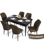 Canisa Mun Serisi 80x132 cm Açılabilir Mdf Siyah Mermer Desen 6 Kahverengi Sandalye Masa Takımı