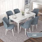 Canisa Nef Serisi 70x114 CM Açılabilir Mdf Beyaz Mermer Desen 6 Gri Sandalye Masa Takımı
