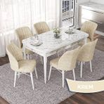 Canisa Nef Serisi 70x114 cm Açılabilir Mdf Beyaz Mermer Desen ve 6 Krem Sandalye Masa Takımı