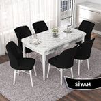 Canisa Nef Serisi 70x114 cm Açılabilir Mdf Beyaz Mermer Desen ve 6 Siyah Sandalye Masa Takımı