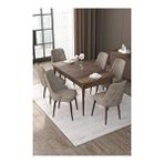 Canisa Nex Serisi MDF 80x132 cm Açılabilir Barok Ahşap Desen 6 Sandalye Gold Halkalı Kahverengi Mutfak Masası Takımı