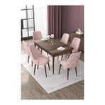 Canisa Nex Serisi MDF 80x132 cm Açılabilir Barok Ahşap Desen 6 Sandalye Gold Halkalı Pembe Mutfak Masası Takımı