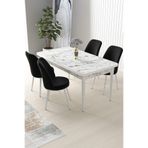 Canisa Nil Serisi 70x110 cm Sabit Mutfak Masası Takımı, Beyaz Mermer Desen Masa, 4 Siyah Sandalye 02-NIL01BYZMR04