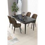 Canisa Nil Serisi 70x110 cm Sabit Mutfak Masası Takımı, Siyah Mermer Desen Masa, 4 Kahverengi Sandalye