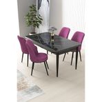 Canisa Nil Serisi 70x110 cm Sabit Mutfak Masası Takımı, Siyah Mermer Desen Masa, 4 Mor Sandalye