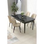 Canisa Nil Serisi 70X110 Sabit Mutfak Masası Takımı Siyah Mermer Desen Masa 4 Krem Sandalye