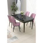 Canisa Nil Serisi 70X110 Sabit Mutfak Masası Takımı Siyah Mermer Desen Masa 4 Pembe Sandalye