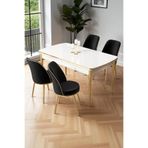 Canisa Nira Serisi 70x114 cm MDF Açılabilir Beyaz Mutfak Masa Takımı, 4 Siyah Sandalye, Gold Detay