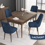 Canisa Noa Serisi MDF 80x132 cm Açılabilir Barok Ahşap Desen 4 Sandalye Gümüş Halkalı Lacivert Mutfak Masası Takımı