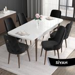 Canisa Noa Serisi MDF 80x132 cm Açılabilir Barok Ahşap Desen 4 Sandalye Gümüş Halkalı Siyah Mutfak Masası Takımı