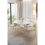 Canisa Olya Serisi 90x168 cm Beyaz Mermer Desenli Masa Takımı, Krom Ayaklı, 6 Krem Sandalye