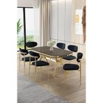 Canisa Olya Serisi 90x168 cm Lak Panel Antrasit İroni Masa Takımı, Gold Ayaklı, 6 Antrasit Sandalye