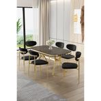 Canisa Olya Serisi 90x168 cm Lak Panel Antrasit İroni Masa Takımı, Gold Ayaklı, 6 Siyah Sandalye