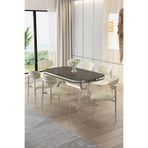Canisa Olya Serisi 90x168 cm Lak Panel Antrasit İroni Masa Takımı, Krom Ayaklı, 6 Krem Sandalye
