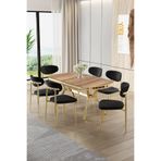 Canisa Olya Serisi 90x168 cm Lak Panel Hazar Masa Takımı, Gold Ayaklı, 6 Siyah Sandalye