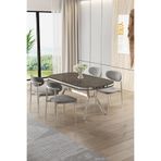 Canisa Olya Serisi 90x168 cm MDF Sabit Lak Panel Antrasit İroni Masa Takımı, Krom Ayaklı, 4 Gri Sandalye