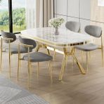 Canisa Olya Serisi 90X168 Lak Panel Beyaz Mermer Desen Masa Takımı Gold Ayaklı 4 Gri Sandalye