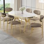 Canisa Olya Serisi 90X168 Lak Panel Beyaz Mermer Desen Masa Takımı Gold Ayaklı 6 Sandalye - Cappuccino