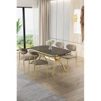 Canisa Olya Serisi 90X168 Mdf Sabit Lak Panel Antrasit İroni Masa Takımı Gold Ayaklı 4 Cappucino Sandalye