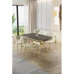 Canisa Olya Serisi 90X168 Mdf Sabit Lak Panel Antrasit İroni Masa Takımı Gold Ayaklı 4 Krem Sandalye