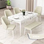 Canisa Orf Serisi 80x132 Açılabilir Beyaz Mermer Desen Mutfak Masası Takımı ve 4 Krem Sandalye ve Krem 1 Bench