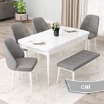 Canisa Orf Serisi 80x132 Açılabilir Beyaz Mutfak Masası Takımı ve 4 Gri Sandalye ve Gri 1 Bench