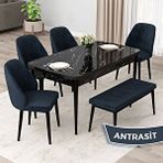 Canisa Orf Serisi 80x132 Açılabilir Siyah Mermer Desen Mutfak Masası Takımı ve 4 Antrasit Sandalye ve Antrasit 1 Bench