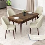 Canisa Orf Serisi 80x132 cm Açılabilir Barok Ahşap Desen 4 Krem Sandalye Mutfak Masası Takımı