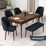 Canisa Orf Serisi 80x132 cm Açılabilir Barok Ahşap Desen ve 4 Antrasit Sandalye ve 1 Bench Mutfak Masası Takımı