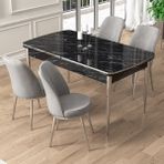 Canisa Pale Serisi 80x132 cm Açılabilir Siyah Mermer Desen Mutfak Masa Takımı 4 Sandalye Krom Detay - Gri - Siyah