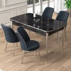 Canisa Pale Serisi 80x132 cm Açılabilir Siyah Mermer Desen Mutfak Masa Takımı 4 Sandalye Krom Detay - Siyah - Antrasit