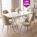 Canisa Peras Serisi 90X160 Lak Panel Beyaz Mermer Desen Krom Ayaklı Masa Takımı 6 Sandalye - Krem