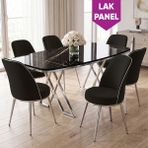 Canisa Peras Serisi 90X160 Lak Panel Siyah Mermer Desen Krom Ayaklı Masa Takımı 6 Sandalye