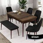 Canisa Pir Serisi 80x130 Siyah Mermer Desen 4 Kahverengi Sandalye ve 1 Bench Kahverengi Masa Takımı
