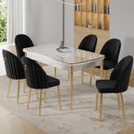 Canisa Rada Serisi 80X132 Açılabilir Lak Panel Gold Detay Beyaz Mermer Desen Mutfak Masa Takımı ve 6 Sandalye - Siyah