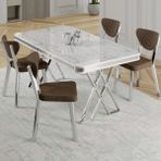 Canisa Raja Serisi 80X130 Lak Panel Beyaz Mermer Desen Masa Takımı Krom Ayaklı 4 Krem Sandalye - Kahverengi - 80 x 130