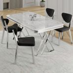 Canisa Raja Serisi 80X130 Lak Panel Beyaz Mermer Desen Masa Takımı Krom Ayaklı 4 Krem Sandalye - Siyah - 80 x 130