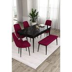 Canisa Ram Serisi 80x132 cm Açılabilir Siyah Mermer Desen 4 Sandalye ve 1 Bench Mürdüm Mutfak Masa Takımı
