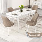 Canisa Rax Serisi 80x132 Açılabilir Beyaz Mermer Desen Mutfak Masası Takımı ve 4 Cappucino Sandalye
