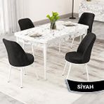 Canisa Rax Serisi 80x132 Açılabilir Beyaz Mermer Desen Mutfak Masası Takımı ve 4 Siyah Sandalye