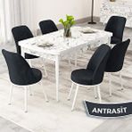 Canisa Rax Serisi 80x132 Açılabilir Beyaz Mermer Desen Mutfak Masası Takımı ve 6 Antrasit Sandalye