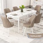 Canisa Rax Serisi 80x132 Açılabilir Beyaz Mermer Desen Mutfak Masası Takımı ve 6 Cappucino Sandalye