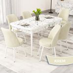 Canisa Rax Serisi 80x132 Açılabilir Beyaz Mermer Desen Mutfak Masası Takımı ve 6 Krem Sandalye