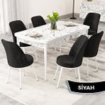Canisa Rax Serisi 80x132 Açılabilir Beyaz Mermer Desen Mutfak Masası Takımı ve 6 Siyah Sandalye