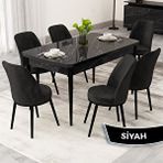 Canisa Rax Serisi 80x132 Açılabilir Siyah Mermer Desen Mutfak Masası Takımı ve 6 Siyah Sandalye