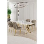 Canisa Rigel Serisi 80x130 cm Beyaz Mermer Desen Masa Takımı, Gold Ayaklı, 4 Cappucino Sandalye